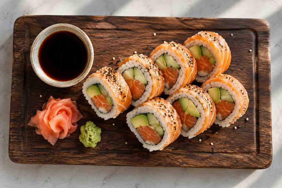 Alaska roll sushi platter with salmon, avocado, soy sauce, and pickled ginger