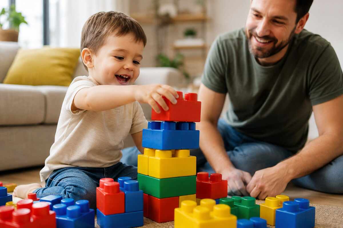 Toddler stacking large BiggoBlocks jumbo building blocks with supervising parent