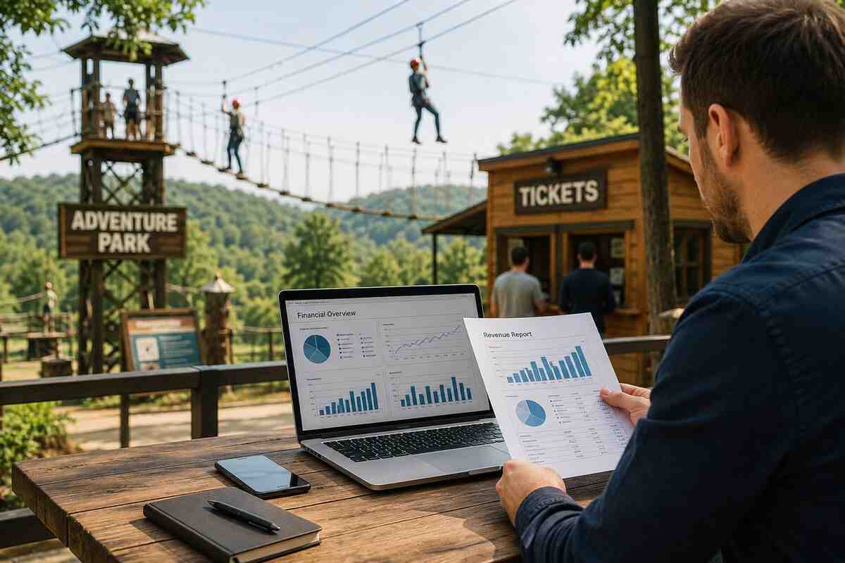Man reviewing Blue Raider Adventure Park accounting reports with zipline course in background