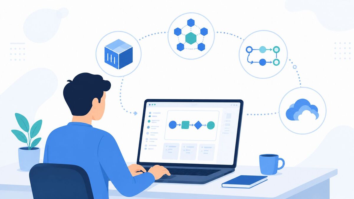 Developer following Droven io DevOps tutorials with container, workflow, and cloud icons