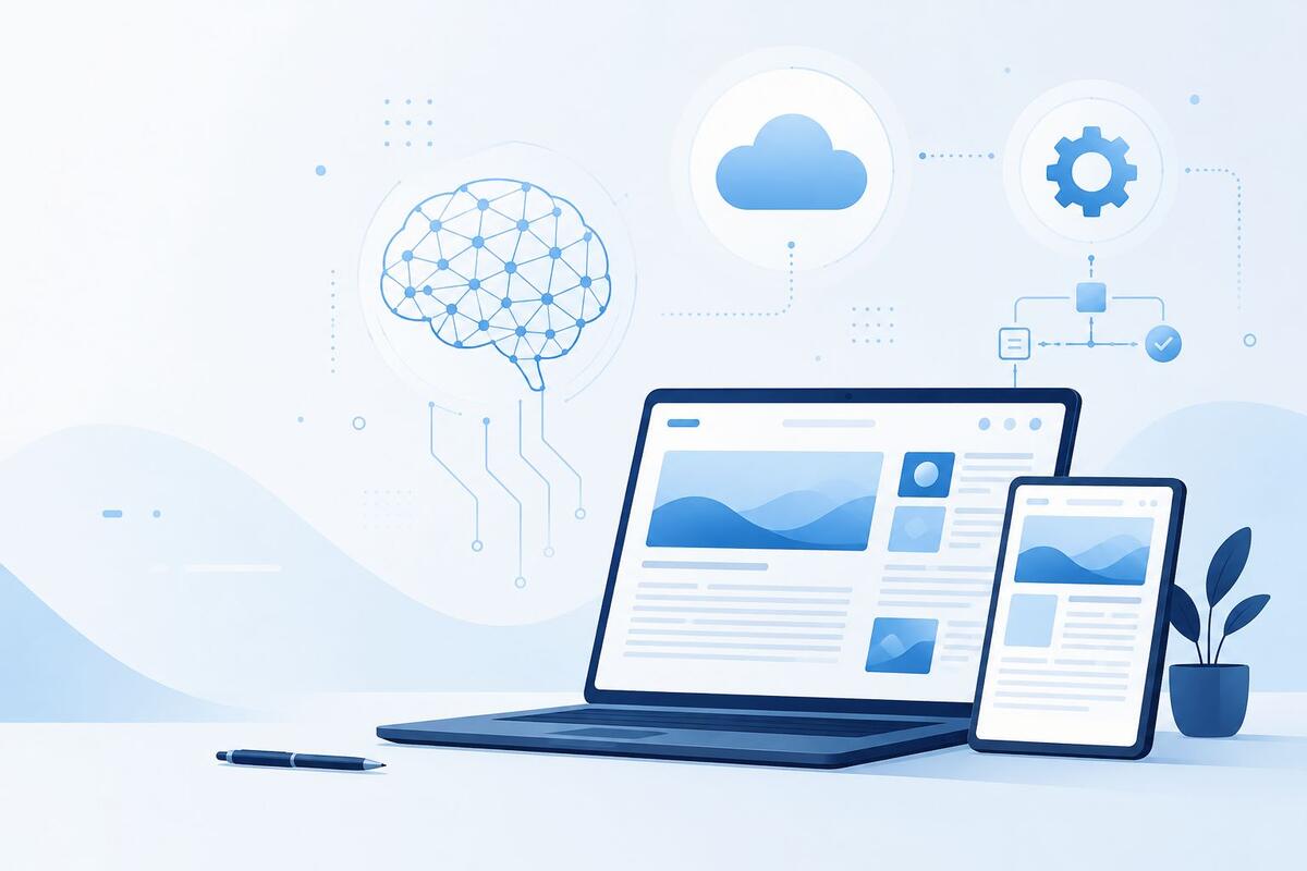 Illustration representing Drovenio latest technology news topics including AI, cloud computing, and automation