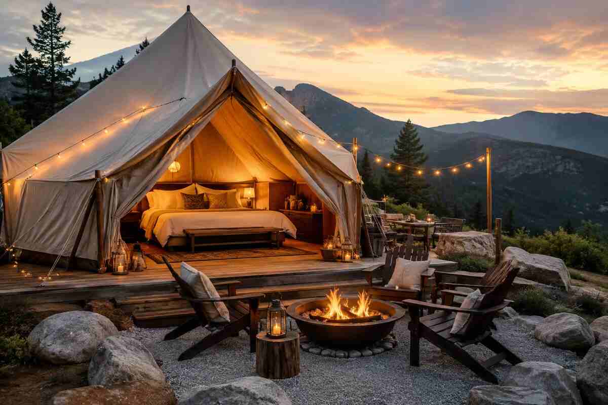 Luxury glamping tent showcasing the growing glamping economy, with a mountain-view fire pit at sunset
