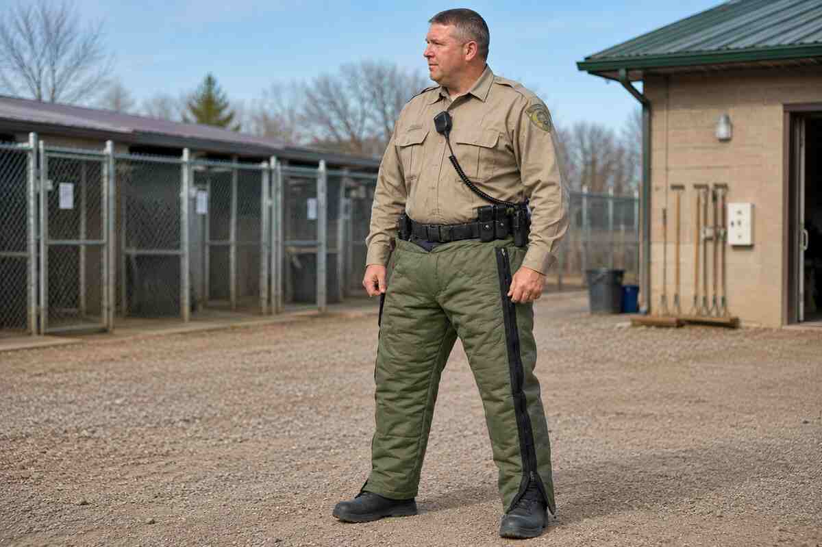 Officer wearing Humaniac Safety Outer Pants over uniform with duty belt and boots