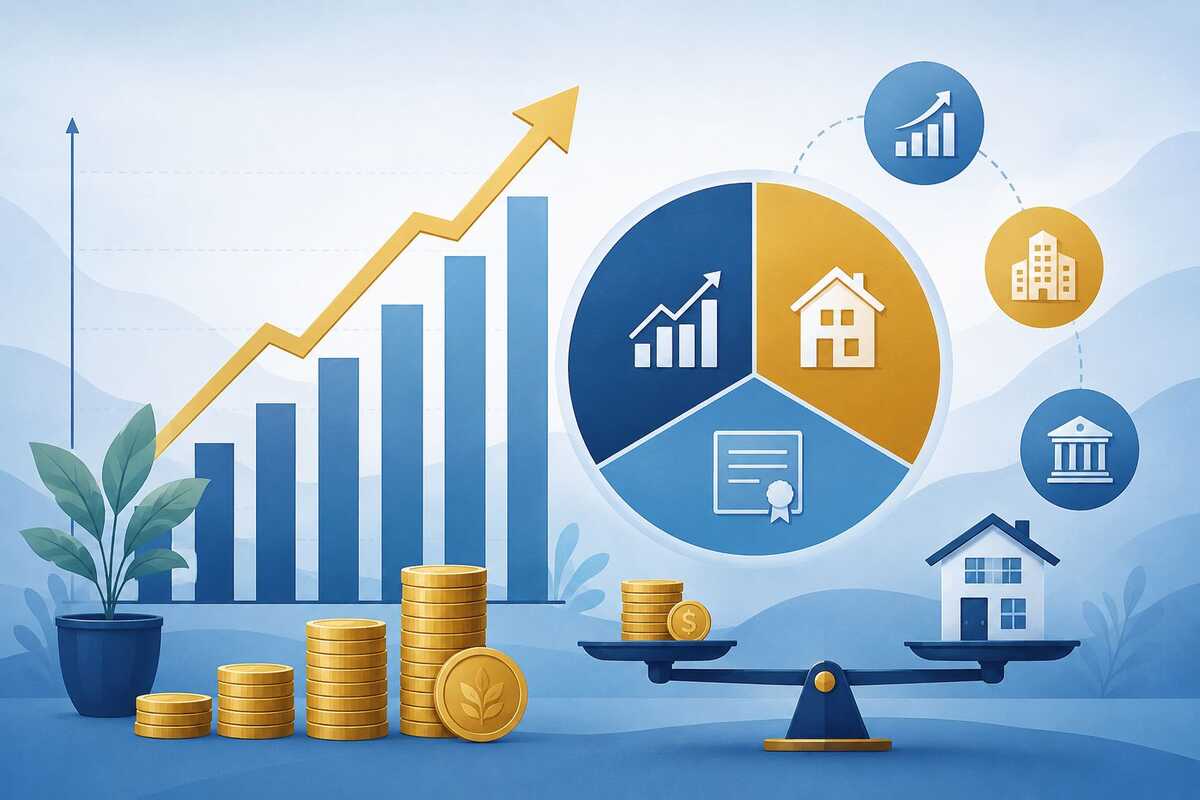 PedroVazPaulo Wealth Investment strategy shown through growth chart, diversified asset allocation, and balanced portfolio icons