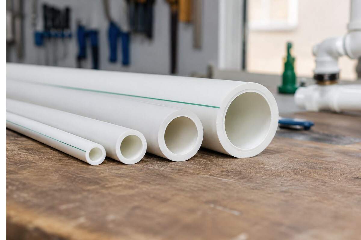PPR size comparison showing pipe diameters on a workbench