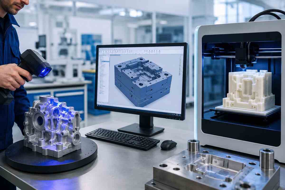 Repmold process showing 3D scanning, CAD mold design, and 3D printing