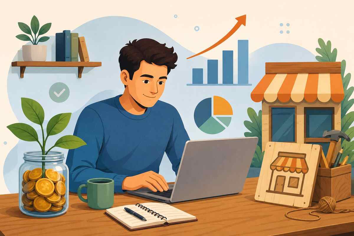 Startup booted illustration: founder building a business independently with self-funded growth