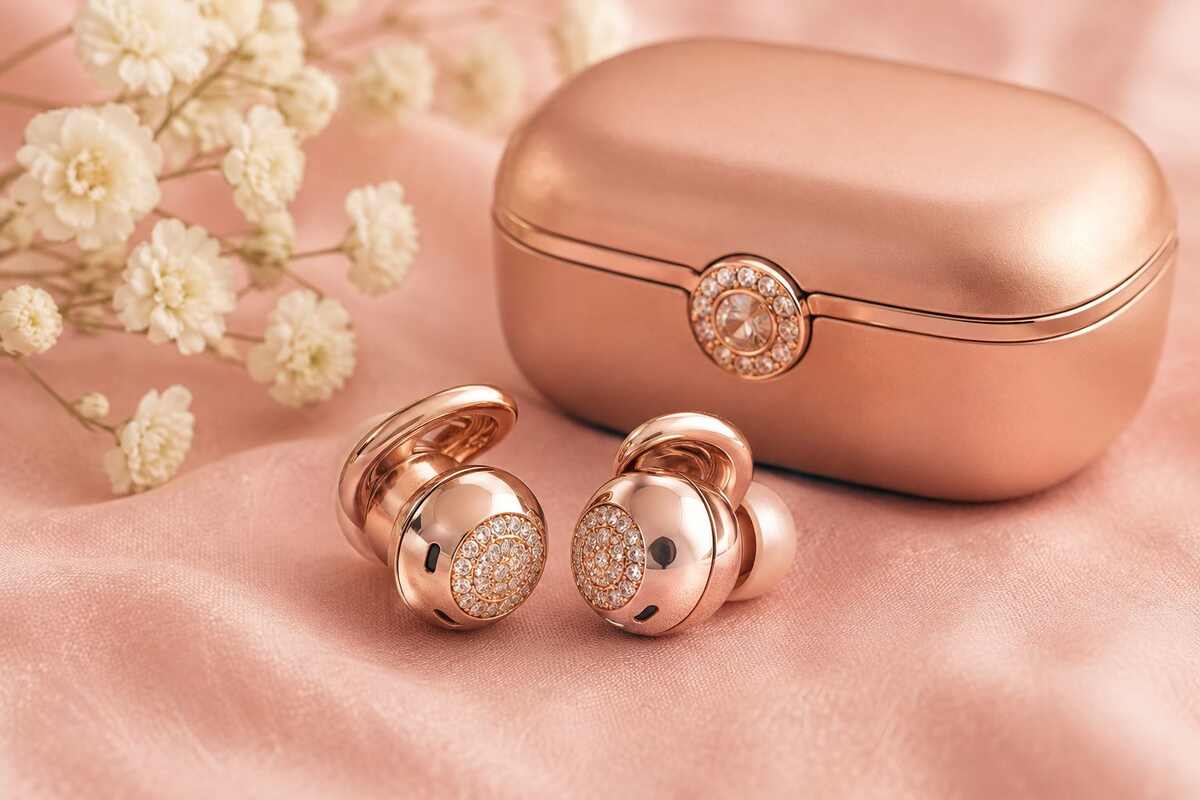 WinBridge LUX01PK wireless earbuds in rose gold with crystal detailing and charging case