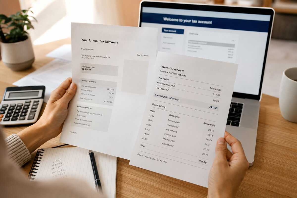 Person reviewing an HMRC savings tax error on printed documents at desk
