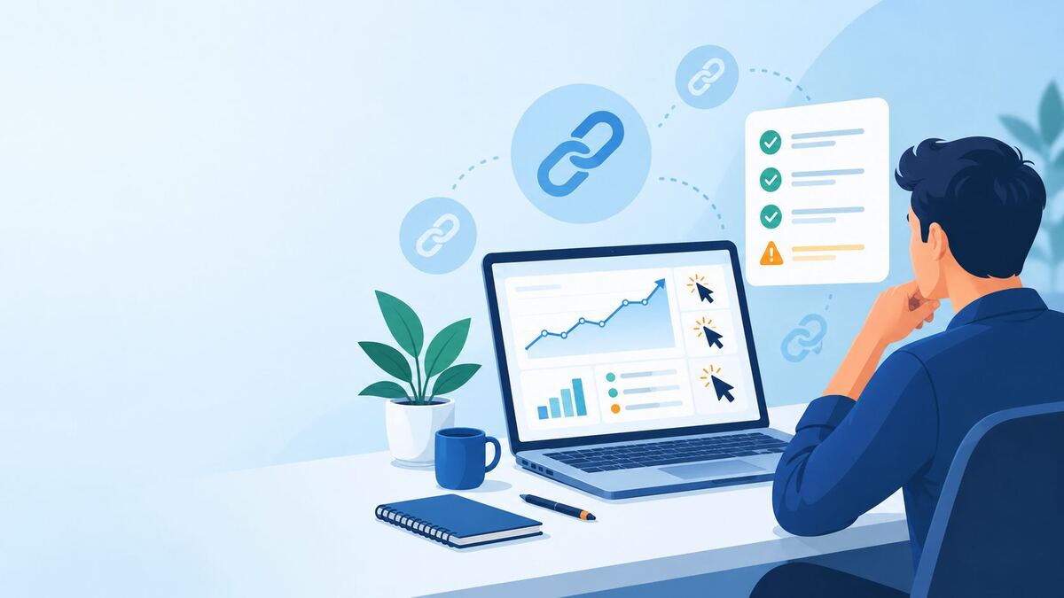 Adswynk Com review: person studying a link shortener earnings dashboard beside a checklist of safety checks