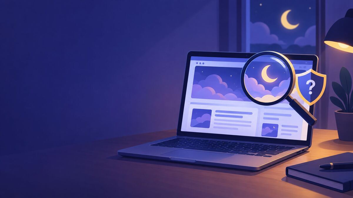 Laptop with a magnifying glass and shield over a dream website, reviewing if dreammeaniing.com usa is legit