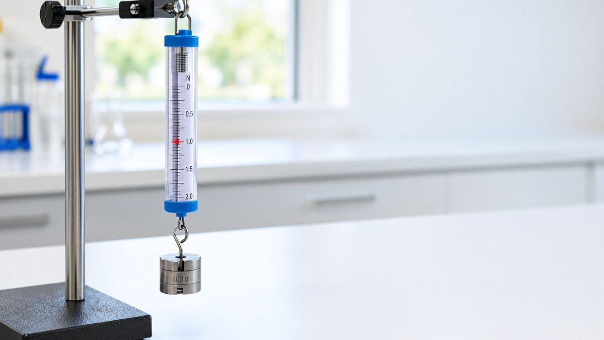 Black Hawk physics equipment force meter hanging from a lab stand with a 100 g mass, pointer at 1.0 N