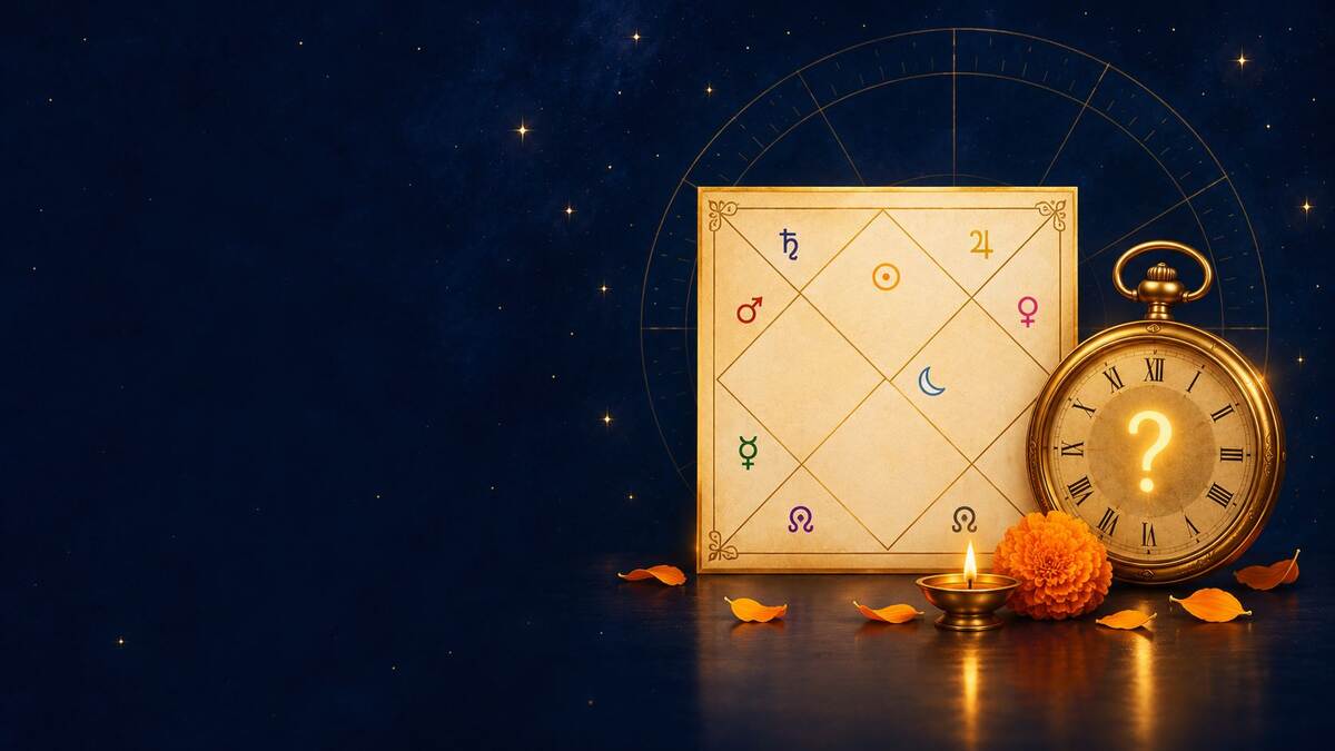 Free Vedic birth horoscope kundli chart beside a golden clock with a question mark, showing unknown birth time