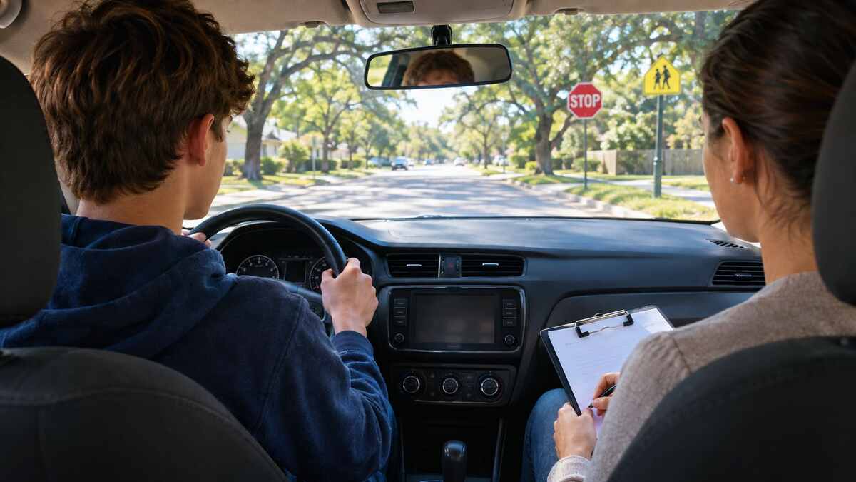 Learner driver and examiner during a road test, Georgetown DPS driving test route practice