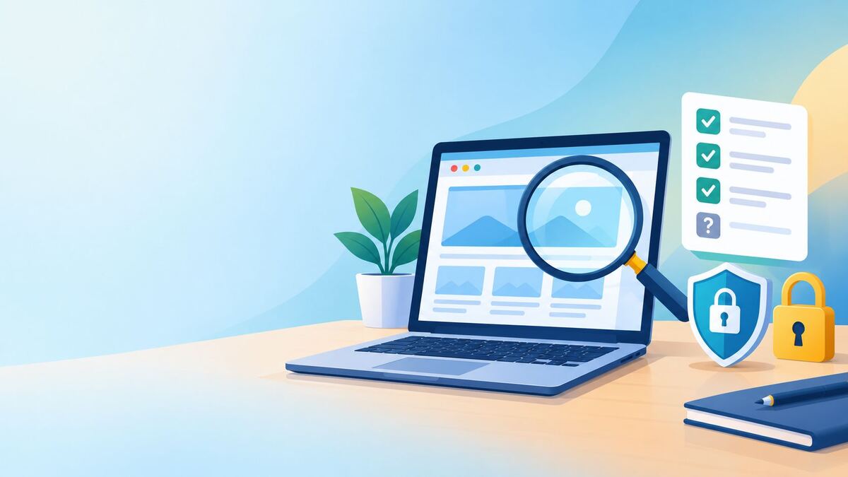 Magnifying glass over a laptop showing a website with a trust checklist, illustrating whether Simplifydiggs Com is legit