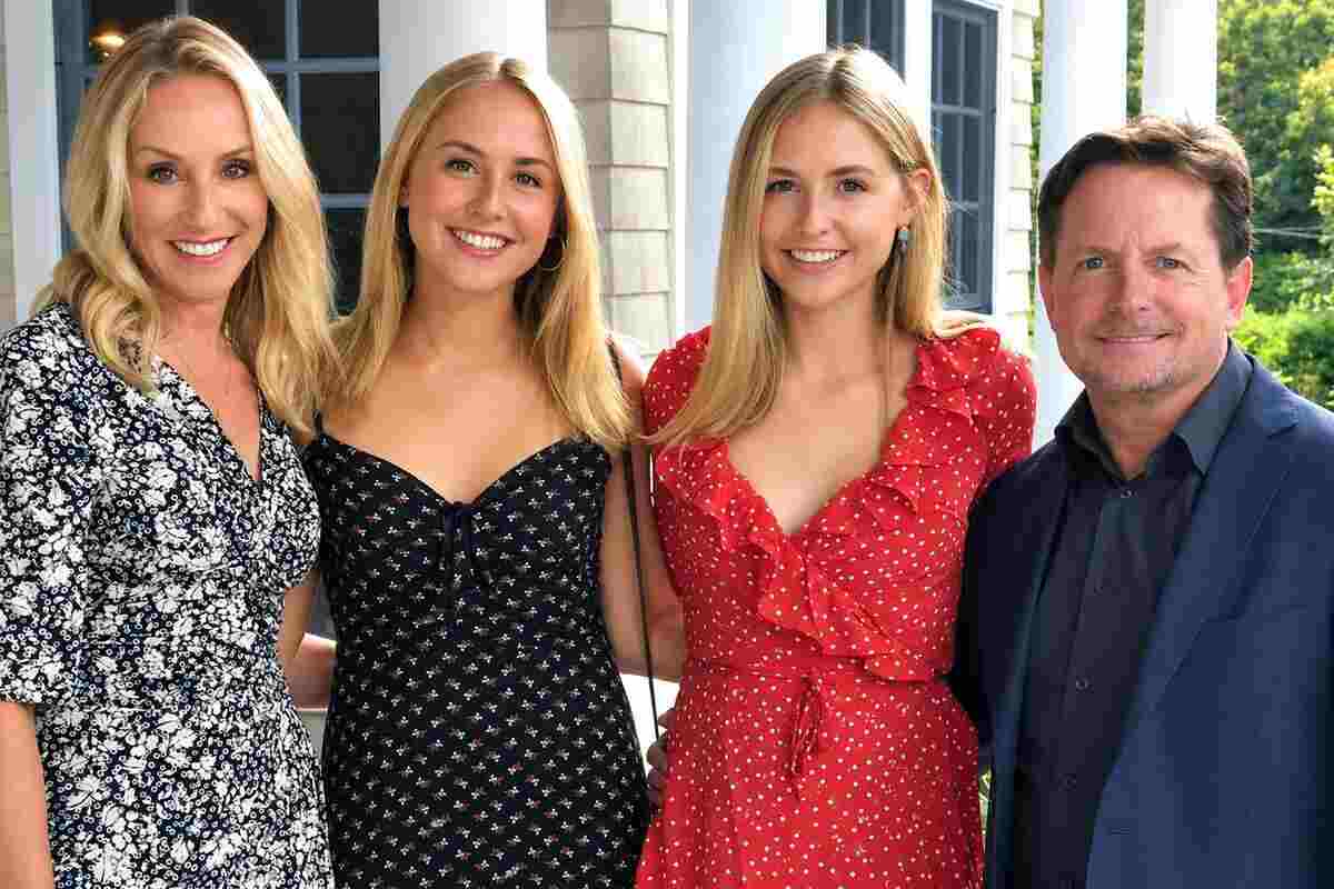 Schuyler Frances Fox with her twin sister Aquinnah Fox, mother Tracy Pollan, and father Michael J. Fox