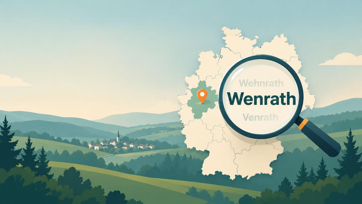 Magnifying glass over the word Wenrath on a map of Germany with a location pin