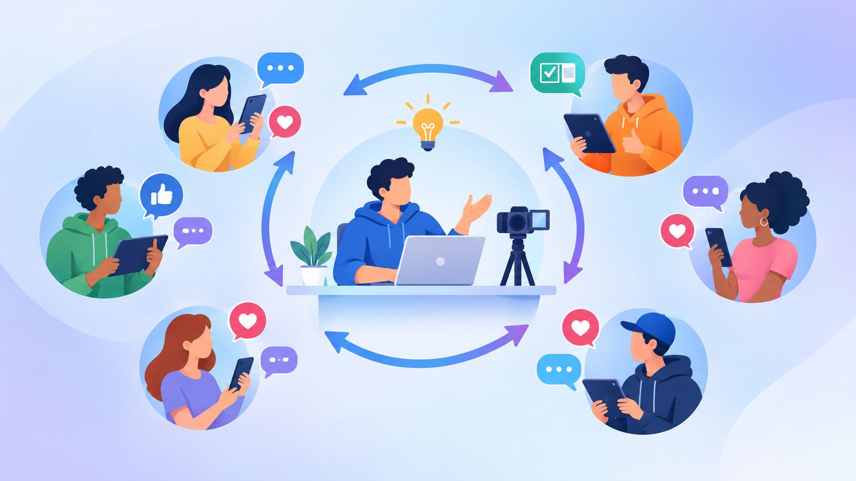 Illustration of the Fanquer concept: a creator exchanging ideas, votes, and feedback with fans in an online community