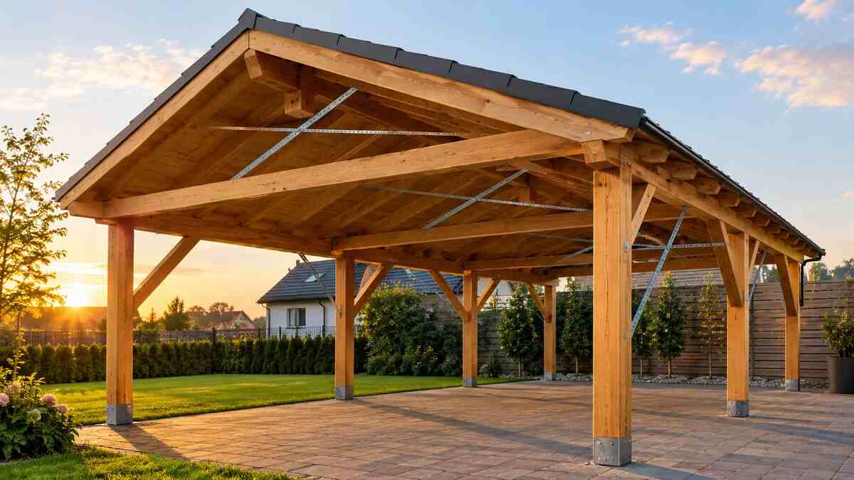 Timber carport with Windstrebe braces at the posts and Windrispe straps across the roof rafters